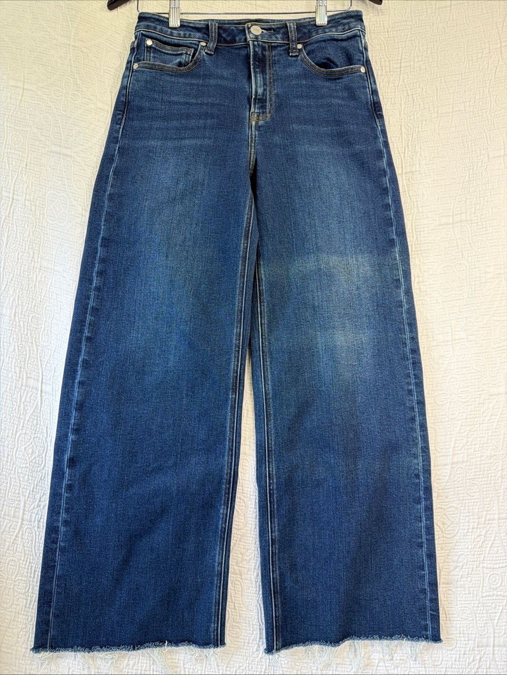 Quince Stretch Denim High Rise Wide Leg Jeans Women Size 28x28 Dark Wash Raw Hem